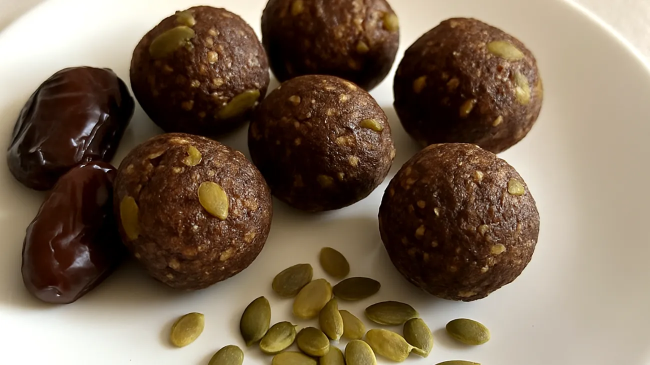 Energy balls con semi di zucca, datteri e cacao crudo"