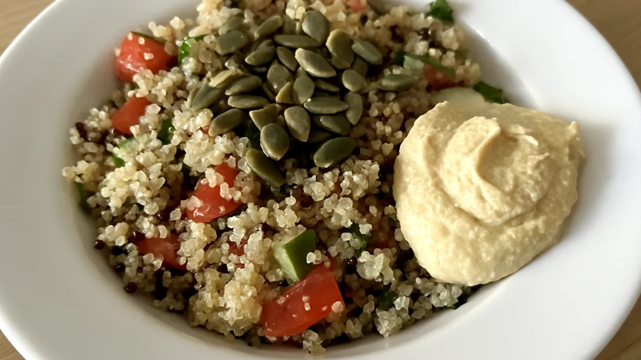 Insalata di quinoa con semi di zucca e hummus"