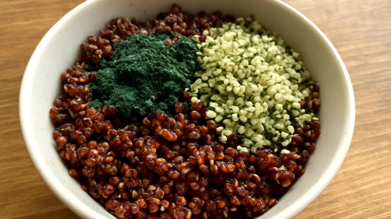 Insalata di quinoa rossa con semi di canapa e spirulina"